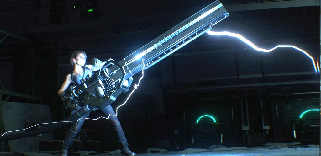 Jill Valentine from Resident Evil 3 Remake charging up a giant fucking laser gun