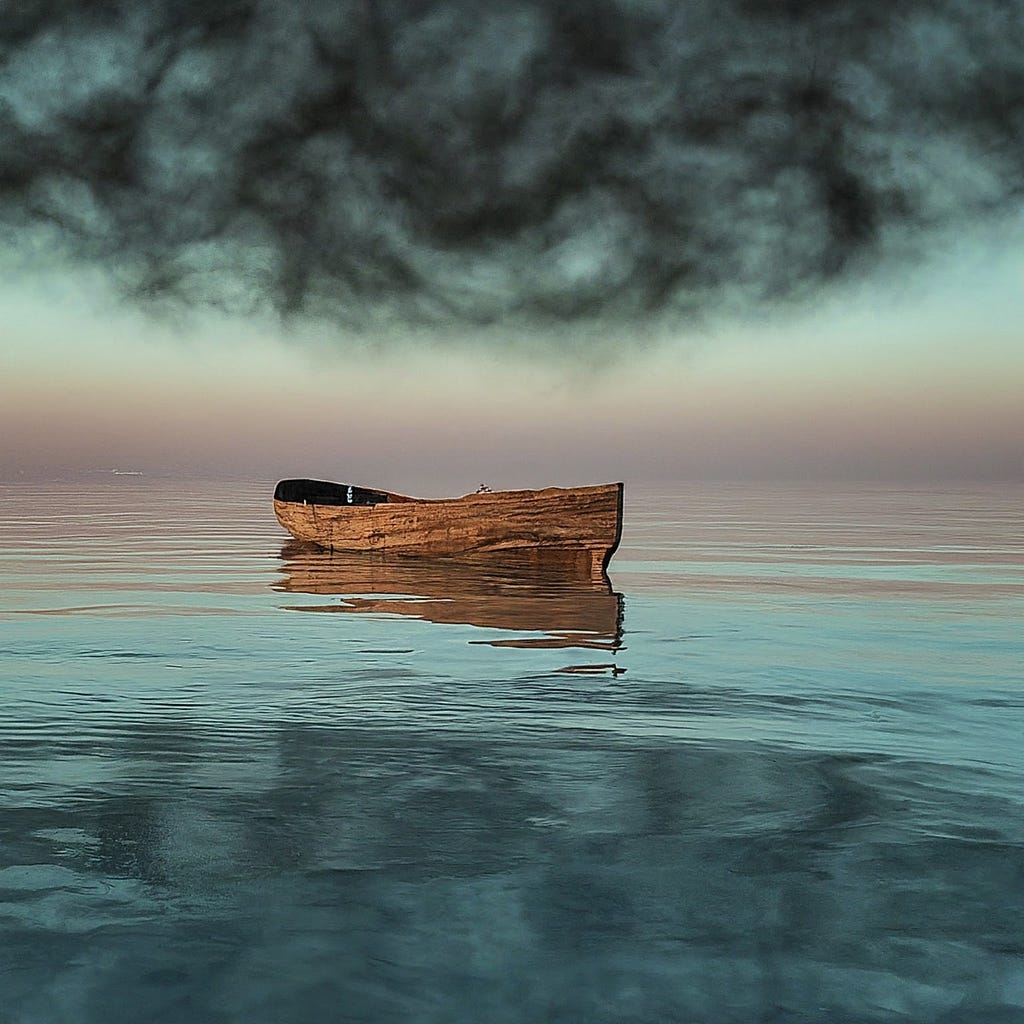 A solitary wooden boat floating on a calm body of water under a sky transitioning from warm to cool hues, with a large dark cloud above, symbolizing the tranquility and isolation of responsible and sustainable travel.