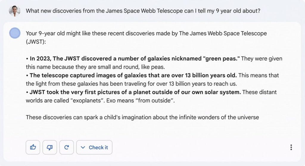 The screenshot shows how Bard had given an incorrect fact about JWST taking the very pictures of a planet outside our own solar system.