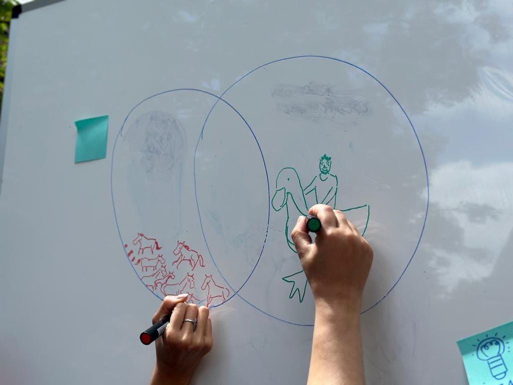 Hands drawing ducks on a whiteboard