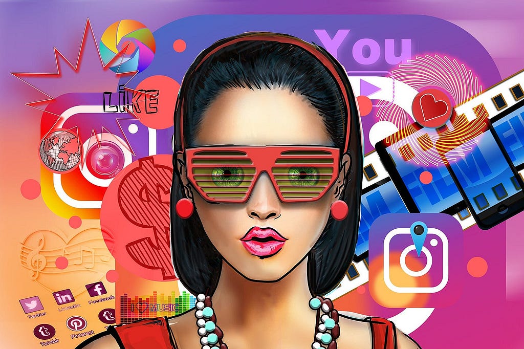 Vibrant drawing of a girl with sunglaces standing in front of social media icons.