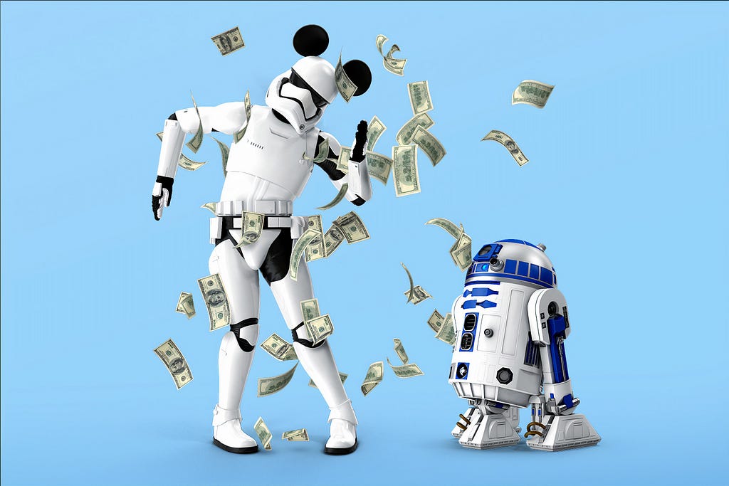 Two Star Wars characters dancing in money falling from the sky