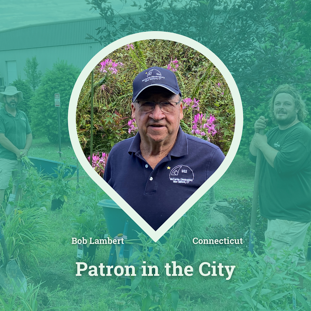 Bob Lambert, an older gentleman, outlined by Patronicity’s map point logo icon. Bob Lambert is Patronicity’s Patron in the City this week.