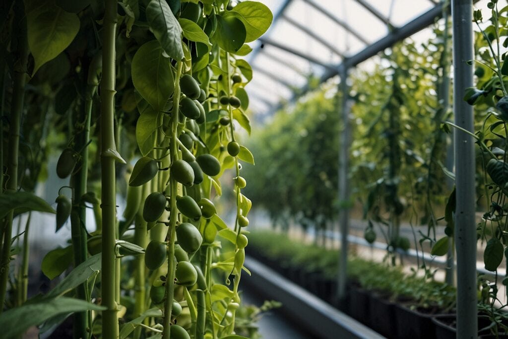 Greenhouse interior with hanging green plants bearing unripe peas, cultivated in rows under a glass roof in hydroponic systems.