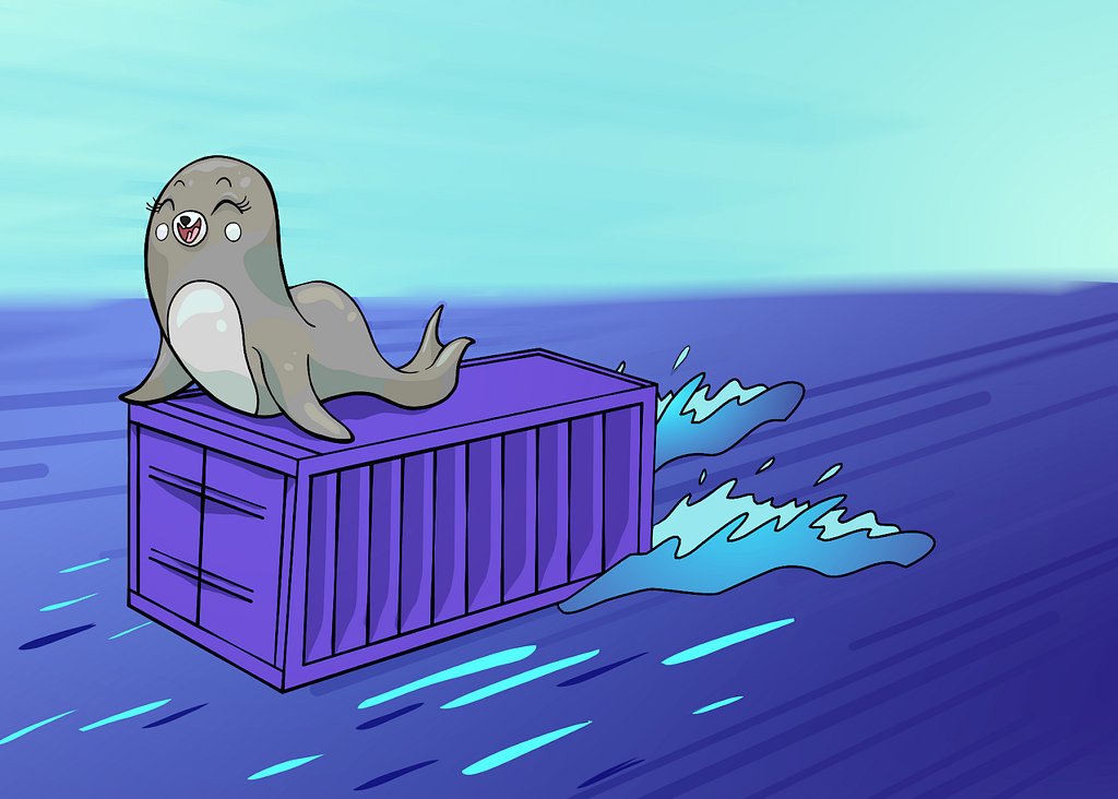 Cartoon illustration of Podman mascot on top of a floating container