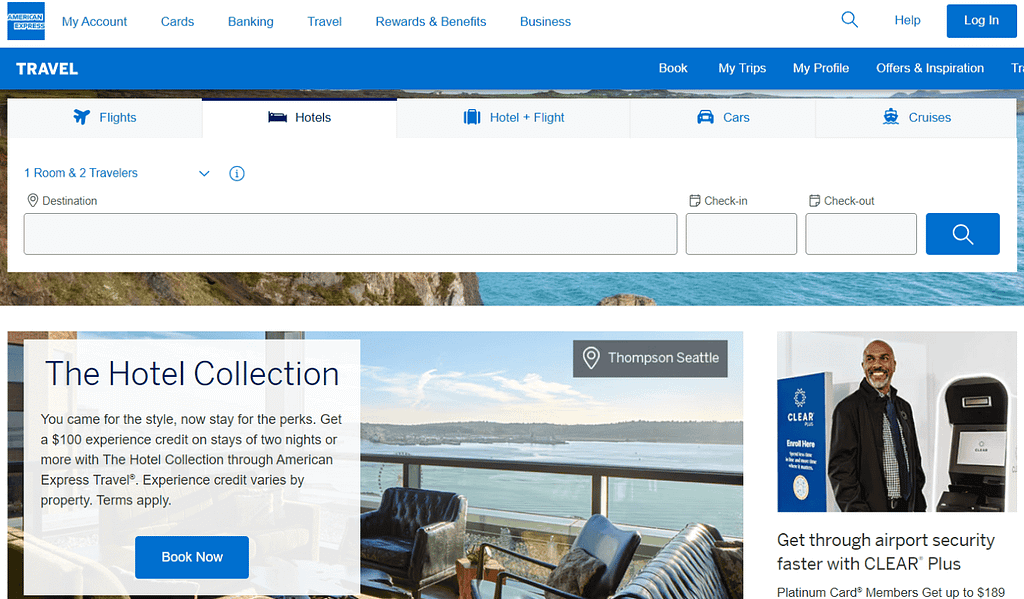screenshot of homepage of Amex Travel portal