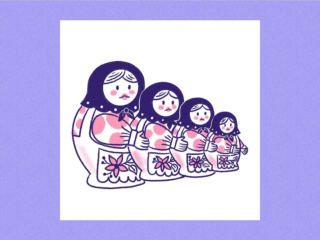 Four progressively smaller matryoshka dolls hold each other.