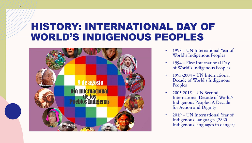 Screenshot of slide from Maui Hudson’s presentation on International Day of the World’s Indigenous Peoples.