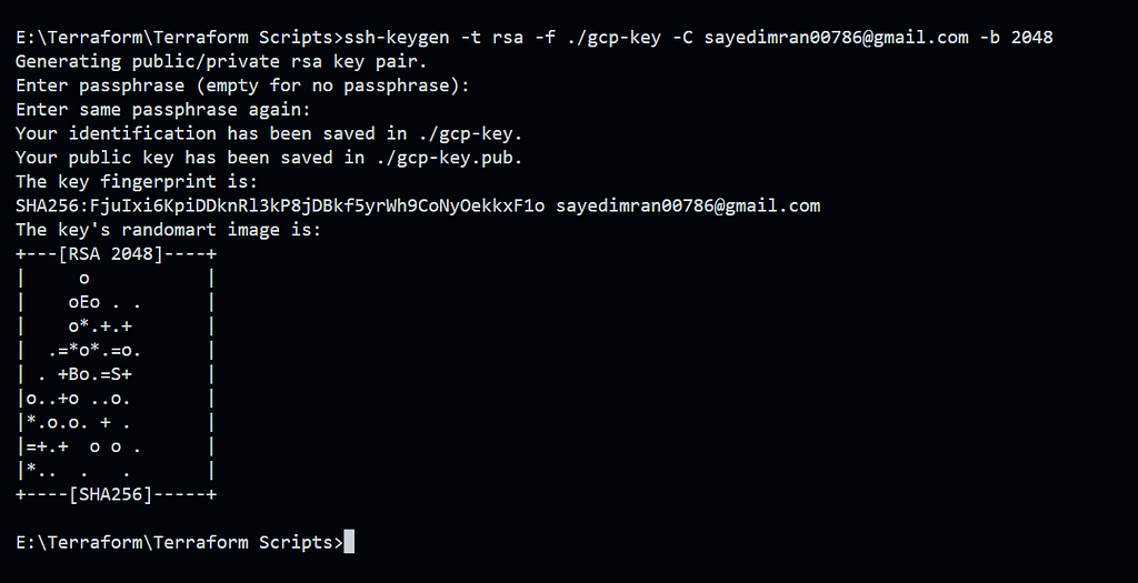 Screenshot of generating the SSH keys