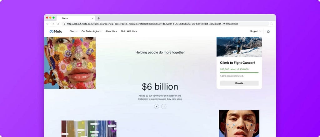 Meta website with $6 billion on the center with 4 images of people around the world