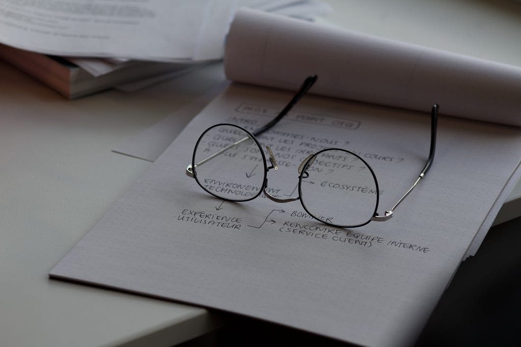 A written- in notepad sits on a desk with a pair of glasses laid on it carelessly