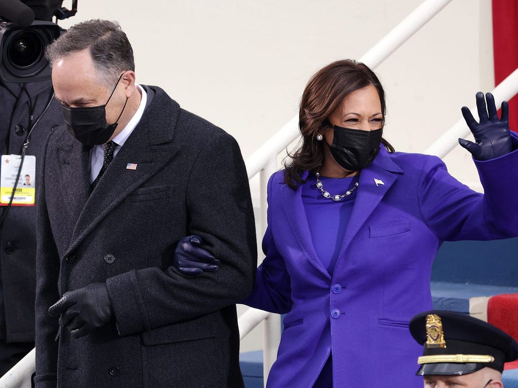 Vice President Kamala Harris and husband Doug Emhoff arrive at the inauguration at the US Capitol on January 20, 2021.