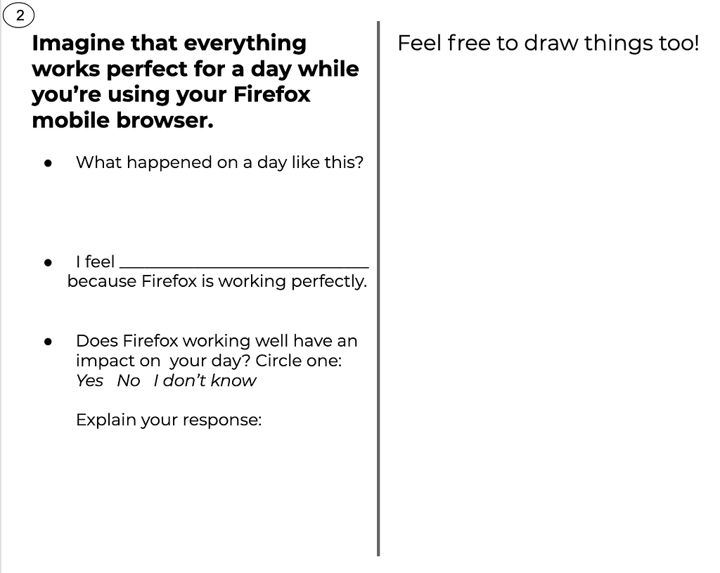 Image of one of our workshop worksheets where we asked participants to think about a “perfect day” using Firefox.