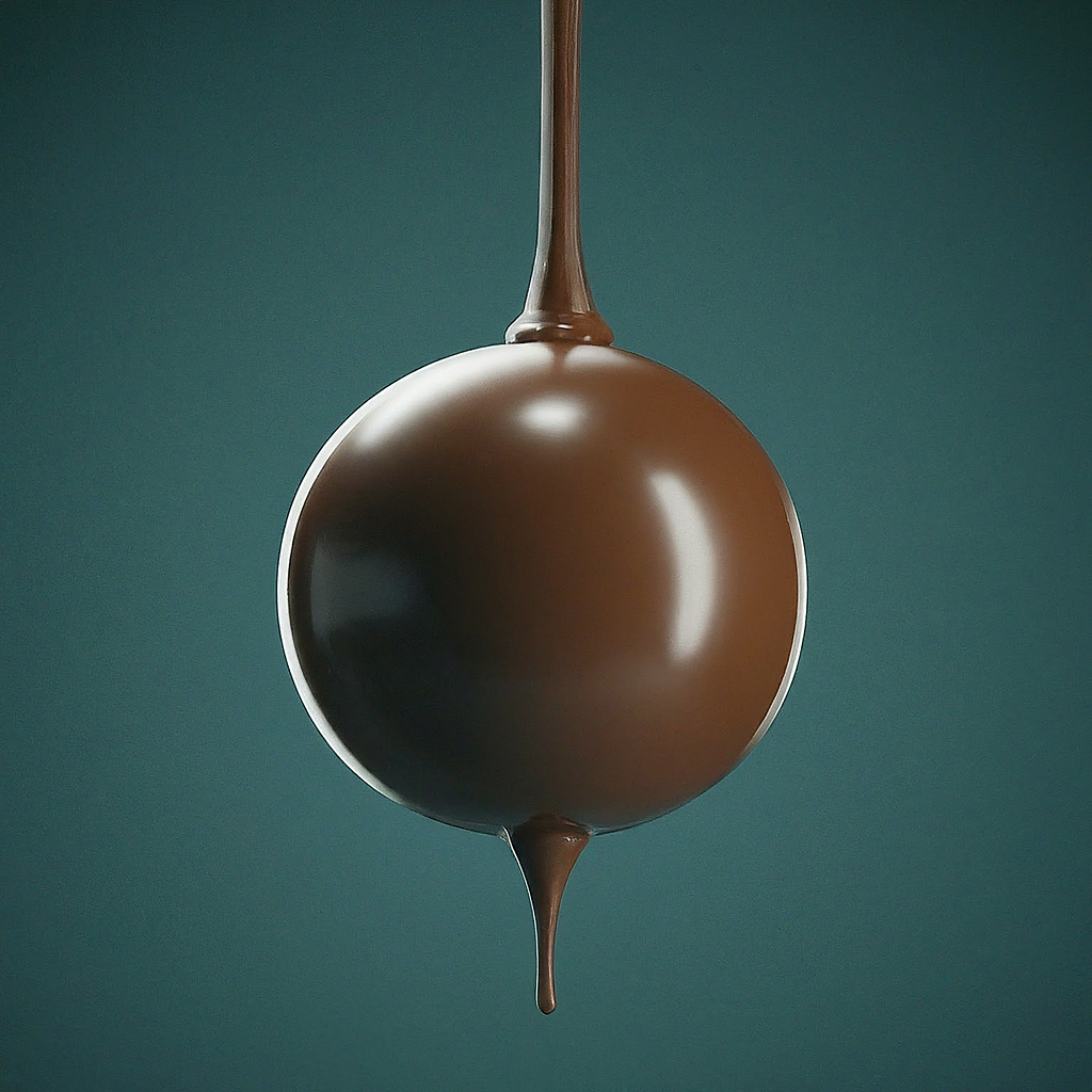 Close-up of a glossy chocolate sphere with melting chocolate, symbolizing the hidden issues of child labor in the chocolate industry.