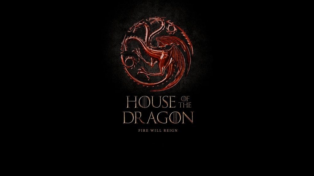 House of the Dragon promotional image featuring a metallic, three-headed red dragon on a black background with the title ‘House of the Dragon’.