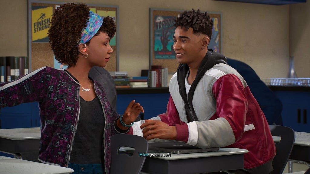 Hailey and Miles Morales talking in class.