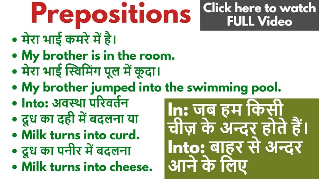Use of Prepositions In and Into with Examples in Hindi