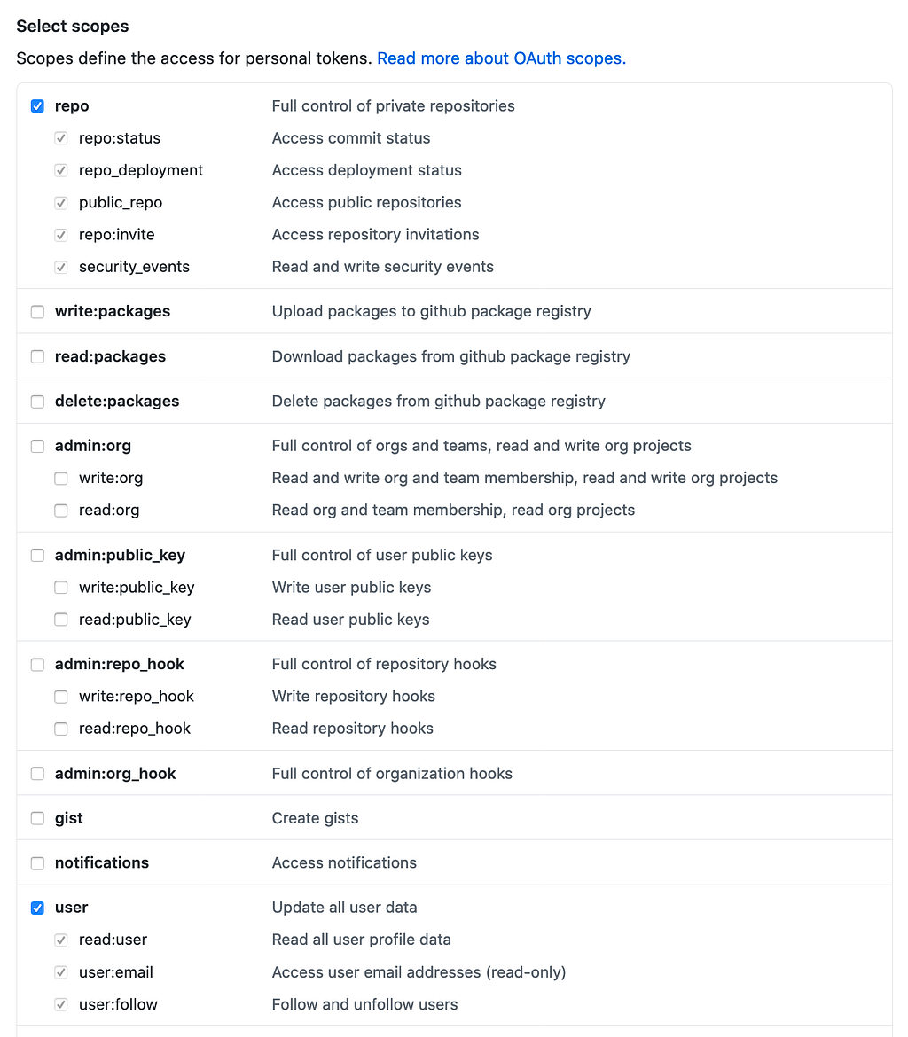 Selecting repo and user scope for GitHub Access Token