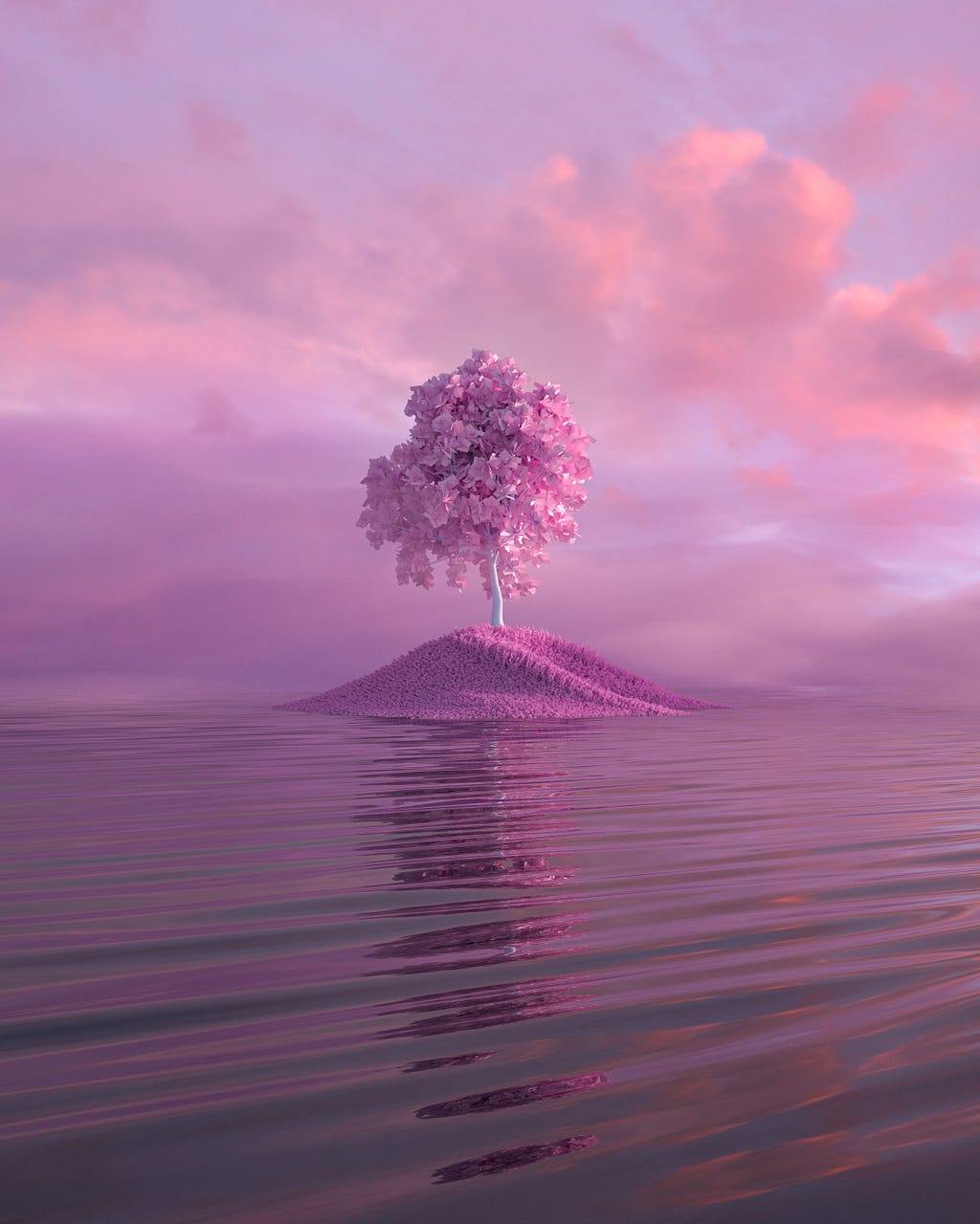 Purple tree surrounded by water