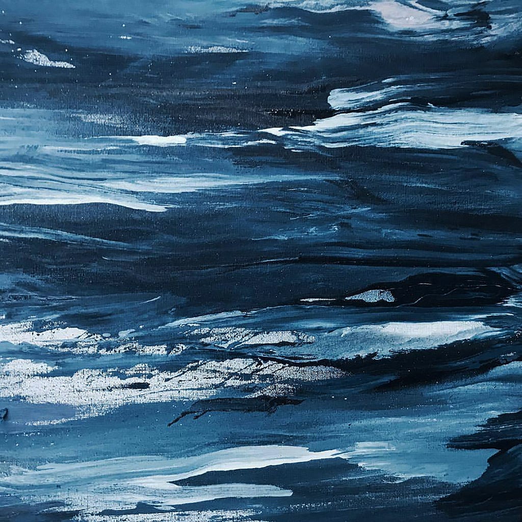 Image of abstract painting, with horizontal swaths of moody blues and blacks and white highlights. Resembles ocean waves at dusk.