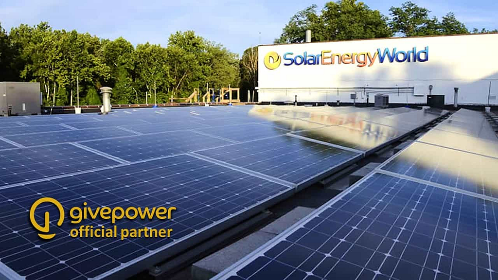 view of solar panels with the logo of the solar company and the logo of the official partner, Give Power