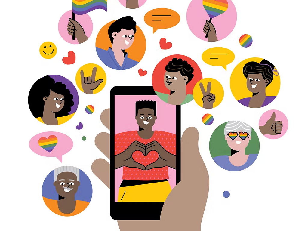 An image showing someone holding a phone in their hand with someone forming a heart shape on their screen. The image is surrounded by pictures of people and their positive reaction towards the photo. This represents people supporting someone posting their photo on social media.