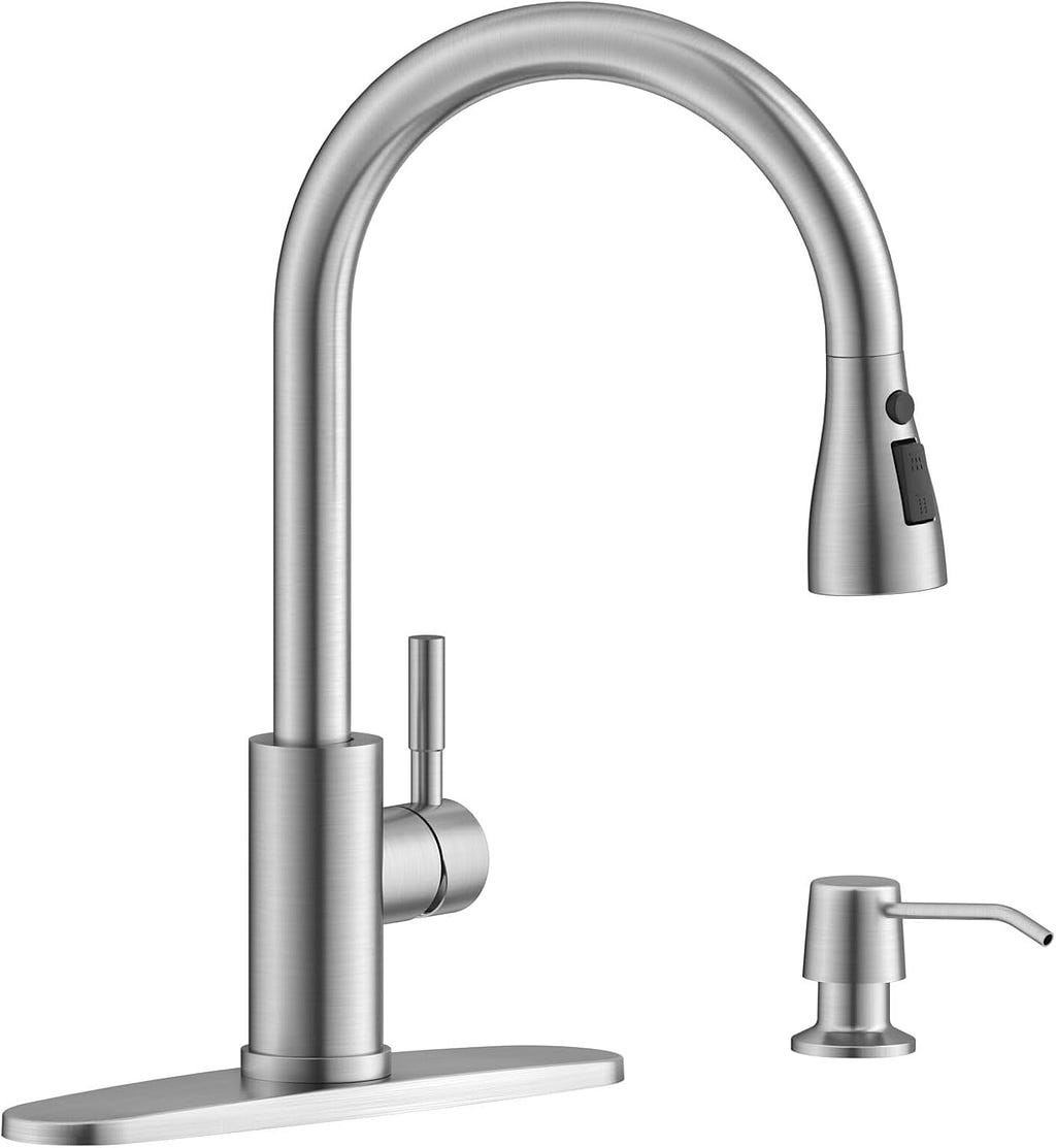 APPASO Kitchen Faucets with Soap Dispenser, Solid Stainless Steel Kitchen Faucet with Pull Down Sprayer 3 Modes, Brushed Nickel Modern Kitchen Sink Faucets with Sprayer, High Arch Single Handle Faucet