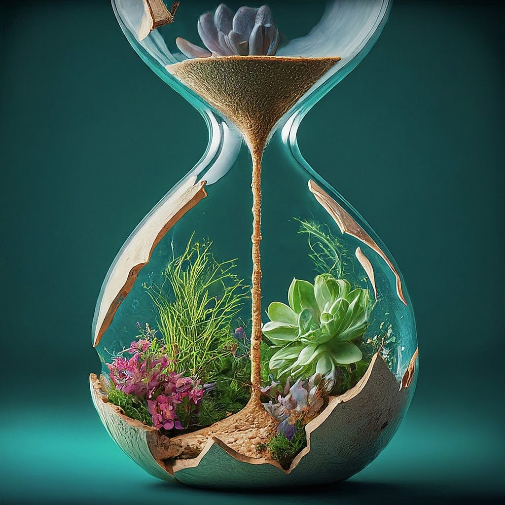 Hourglass with plants and sand, representing the cyclical nature of time and the enduring power of nature.