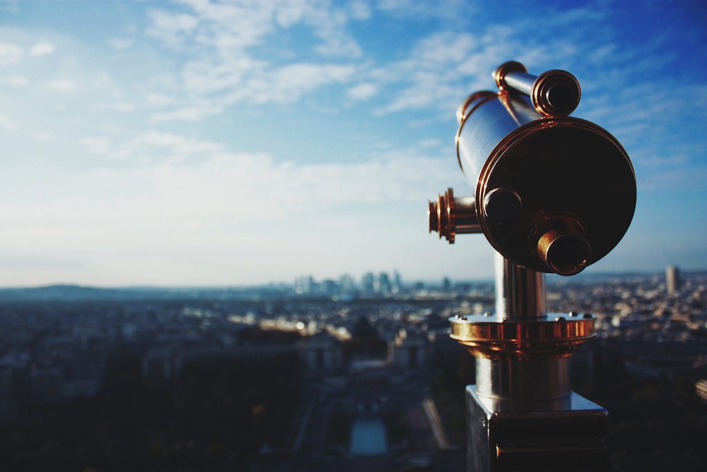 Binoculars in front of a cityscape