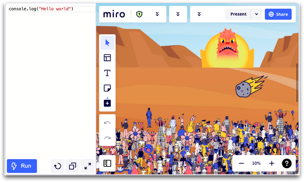 Screenshot of the Where’s Miro? scavenger hunt with code editor and embedded board