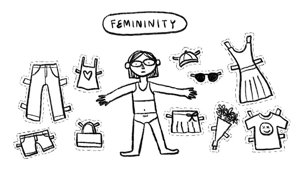 Illustration of paper doll surrounded by a range of clothing options