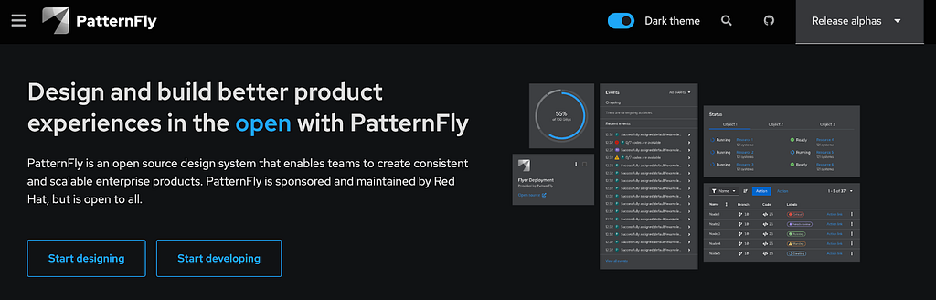 The words “Design and build better product expereiences in the open with PatternFly” are written in white on a black background