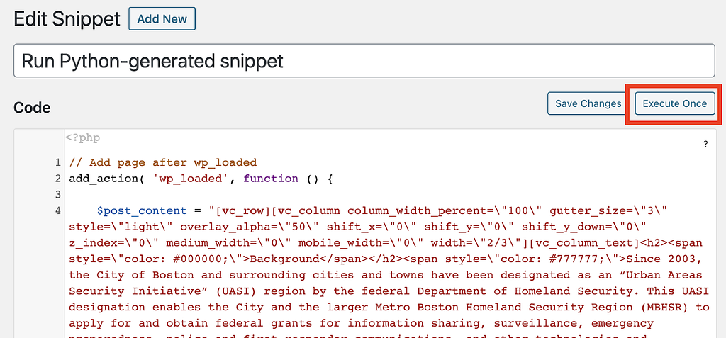 Screenshot of Code Snippets plugin with “Execute Once” button highlighted