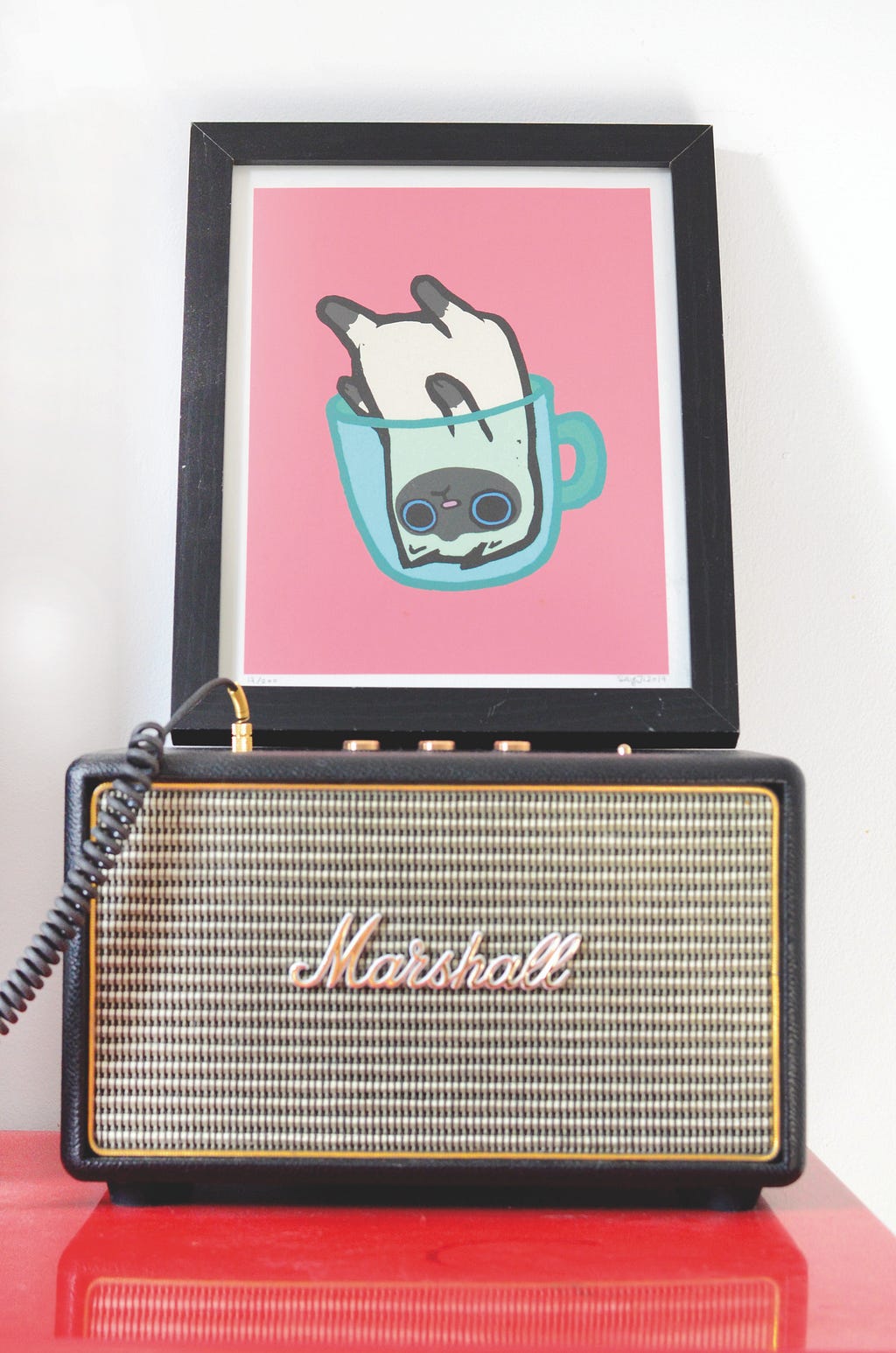 A Marshall amplifier with a picture of a cat inside a coffee mug, upside down, depending on perspective.