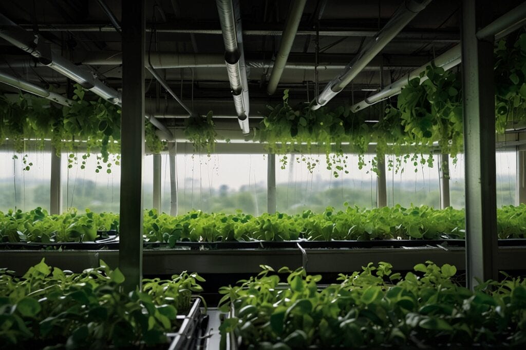 Indoor hydroponic farm showing peas growing in rows with hanging greenery, under a structure of metal beams and ventilation ducts.