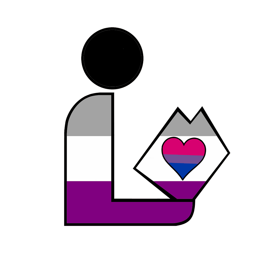 A drawing of a person reading a book, with colors from the asexual and bisexual pride flags.