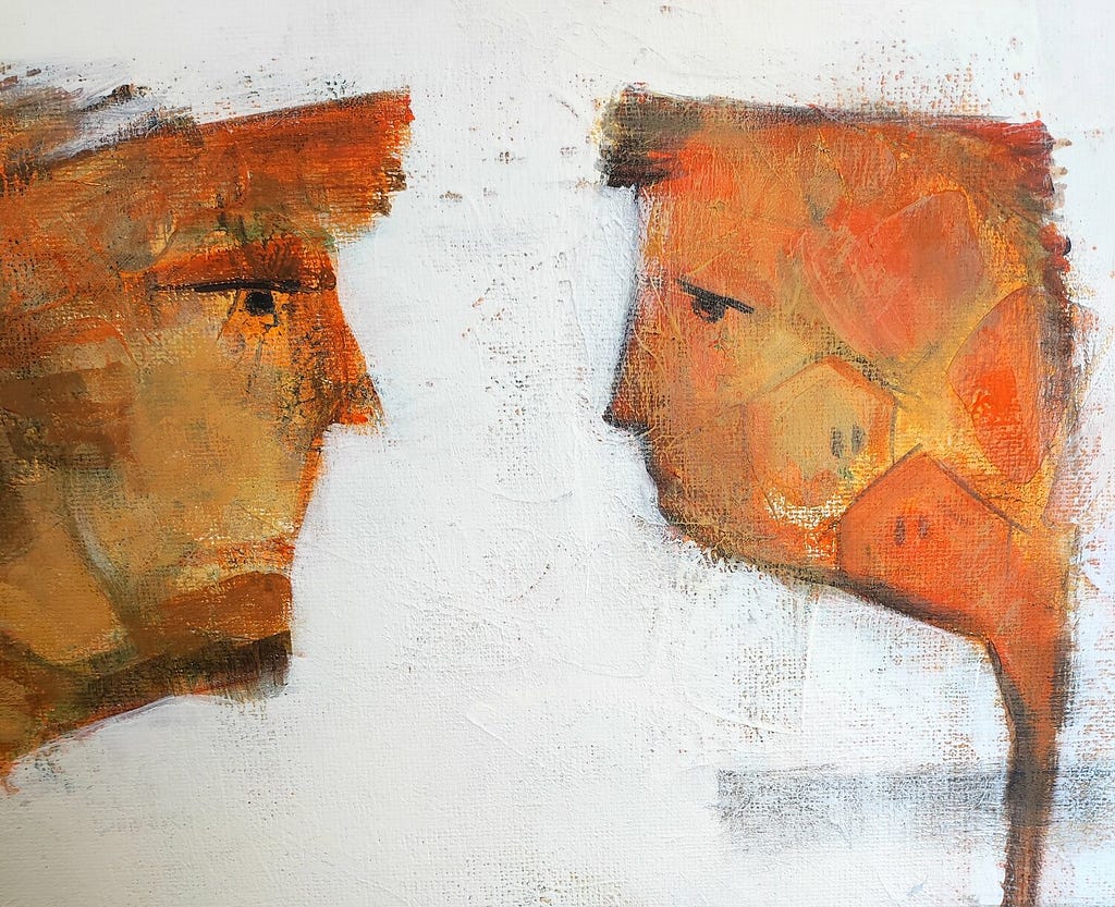 Surrealistic oil paint on blank canvas with two sad orange faces looking at eachother.