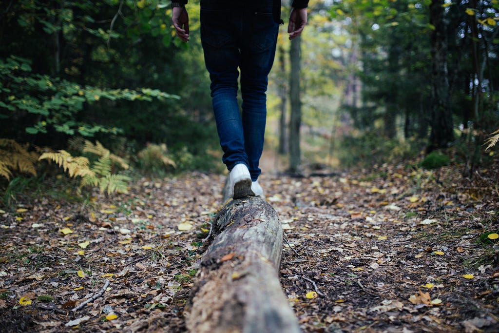 A person walking along a fallen tree in a forest.