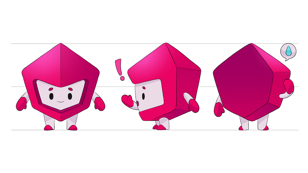 A mascot character inspired by the Angular logo. It’s with a shield-line shape with feet and hands. It’s smiling.