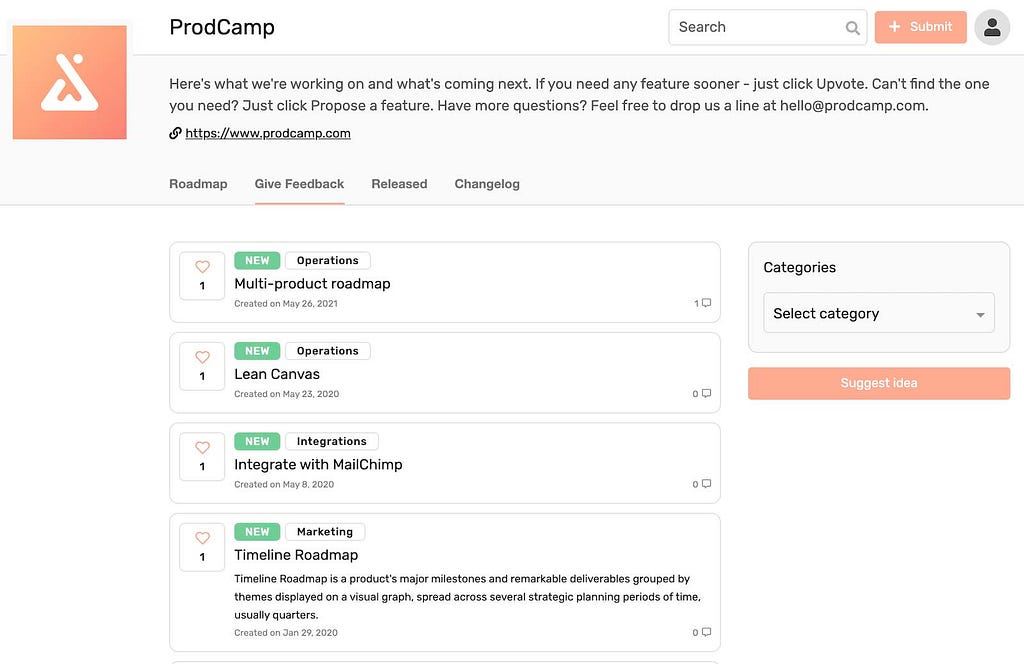 ProdCamp feature voting portal
