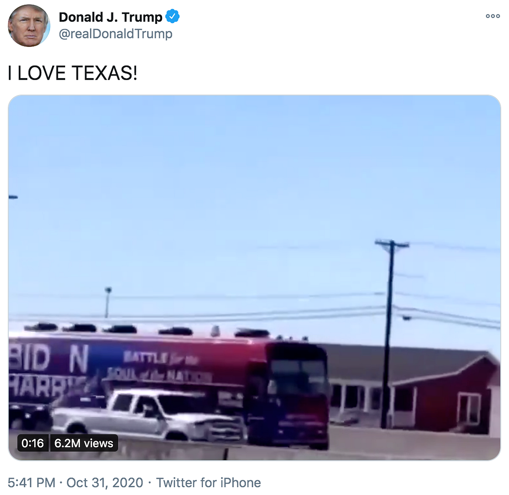 Screenshot of Trump tweet sharing video from Trump caravan ramming Biden campaigner’s car on freeway
