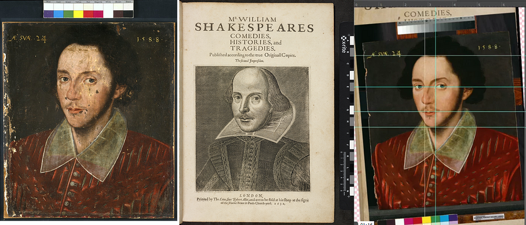 Three portraits associated with Shakespeare; a painting, a printed playbill and a computer generated image overlaid with green gridlines, undergoing a facial recognition process.