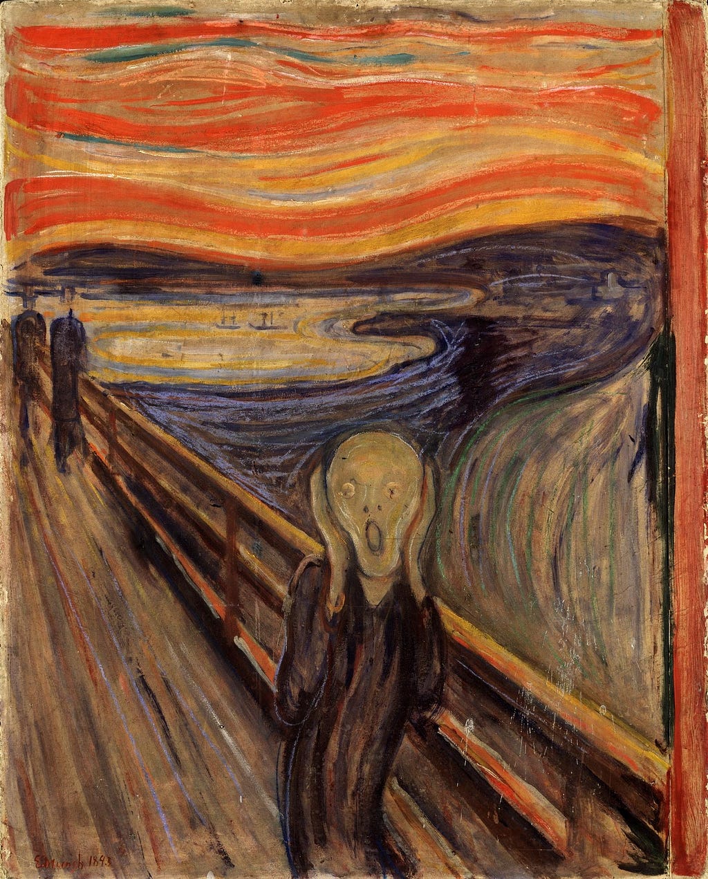 ‘The Scream’ shows a figure on a bridge, their hands are clasped to their face. They have an expression of abject and existential terror. The impressionist style favours warm, orange colours and simplified shapes, adding to its expressiveness.