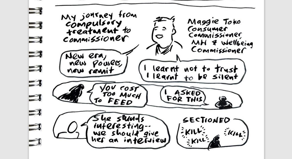 Visual scribe of parts of a talk by the consumer commissioner at Victoria’s Mental Health and Wellbeing Commission