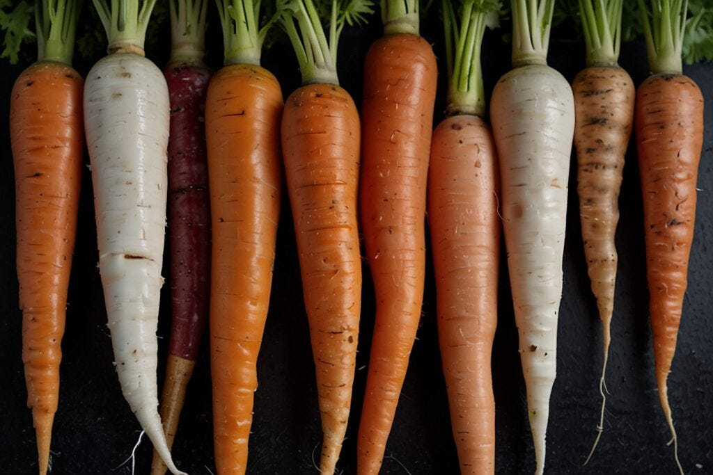 A row of fresh hydroponic carrots and parsnips with varying shades of orange and white, arranged horizontally on a dark surface.