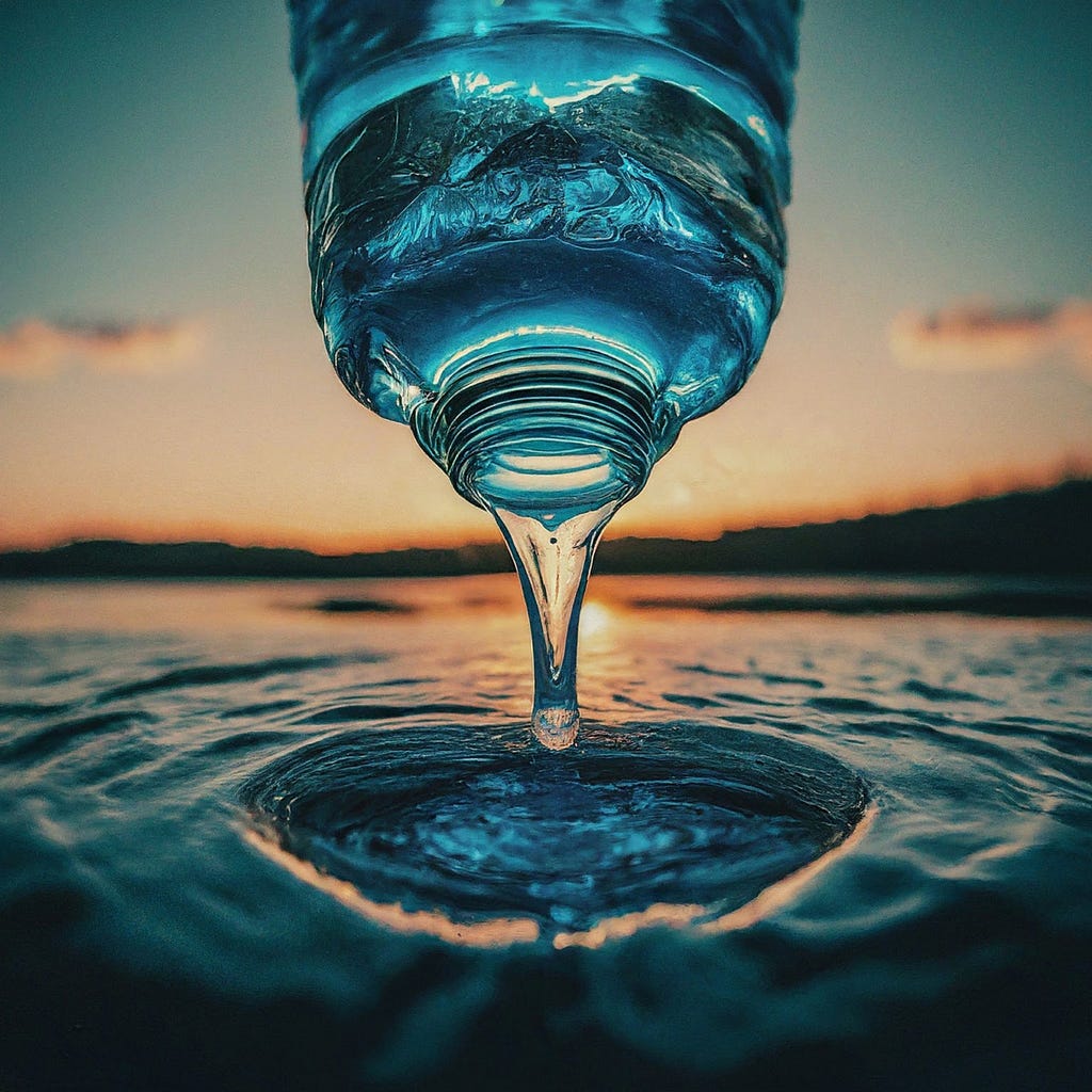 Close-up of water being poured from a plastic bottle into the ocean against a golden sunset, symbolizing the environmental impact of bottled water consumption and plastic waste.