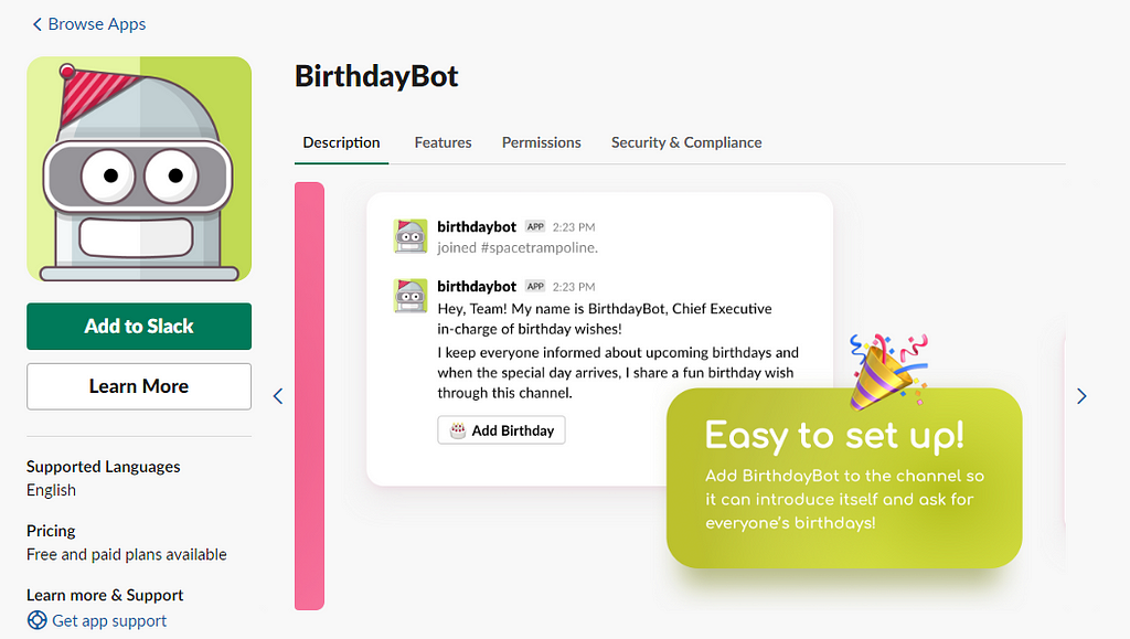 Screenshot of the BirthdayBot app from the Slack App Directory.