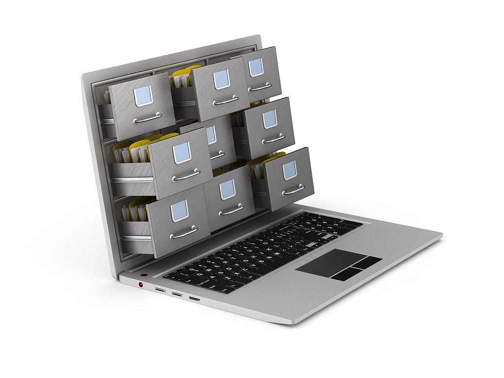 A laptop with file cabinet drawers being pulled from the screen, evoking organization of files.