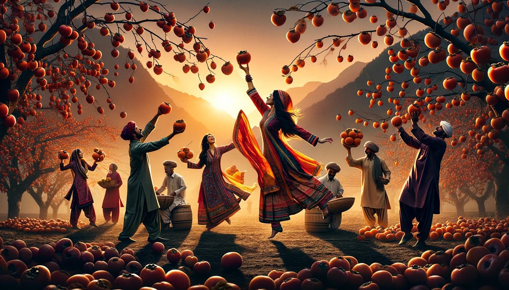 Pakistani farmers in traditional attire joyously harvesting Japanese persimmons, with women in vibrant shalwar kameez and men in kurtas, amidst trees full of persimmons at sunset, with the warm light creating silhouettes against a mountainous backdrop.