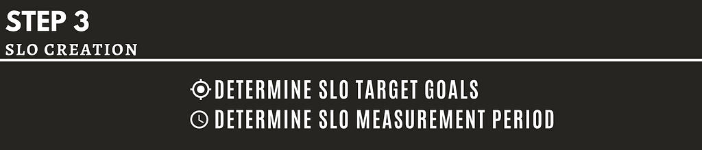 Step 3: SLO Creation: 1) Determine SLO target goals 2) Determine SLO measurement period